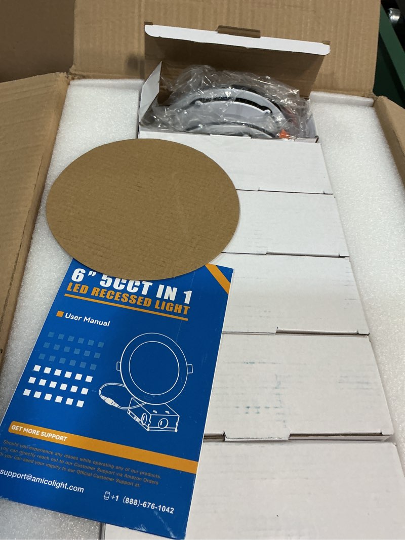 Condition photo showing New/Like New for amico 24 pack 6 inch black 5cct ultra-thin led recessed ceiling light with j-box, 2700k/3000k/3500k/4000k/5000k selectable, 12w eqv 110w, dimmable canless downlight, 1050lm high brightness, etl, fcc black 6 inch