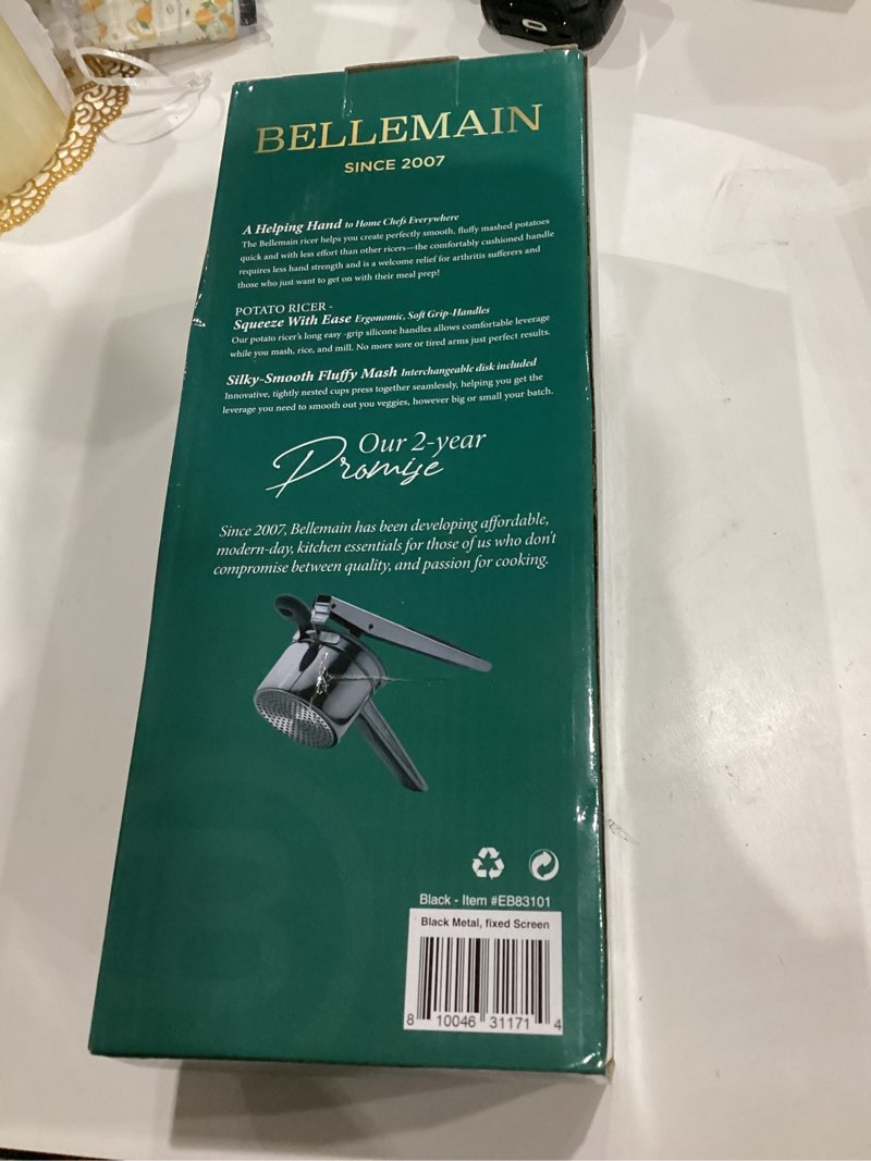 Condition photo showing New/Like New for Bellemain 15 oz Large Potato Ricer | Heavy-Duty Stainless Steel Potato Ricer & Masher | Perfect for Mashed Potatoes | Kitchen Tool with 3 Interchangeable Discs (Black) Three Discs Black