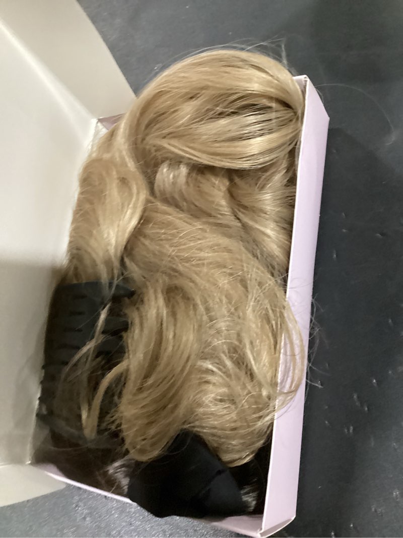 Condition photo showing As Is for barsdar ombre blonde long wavy headband wig - 26 inch blonde body wave headband wig for women - synthetic wear and go glueless dark roots ombre wigs soft lightweight natural looking easy wear 26 inch ombre blonde