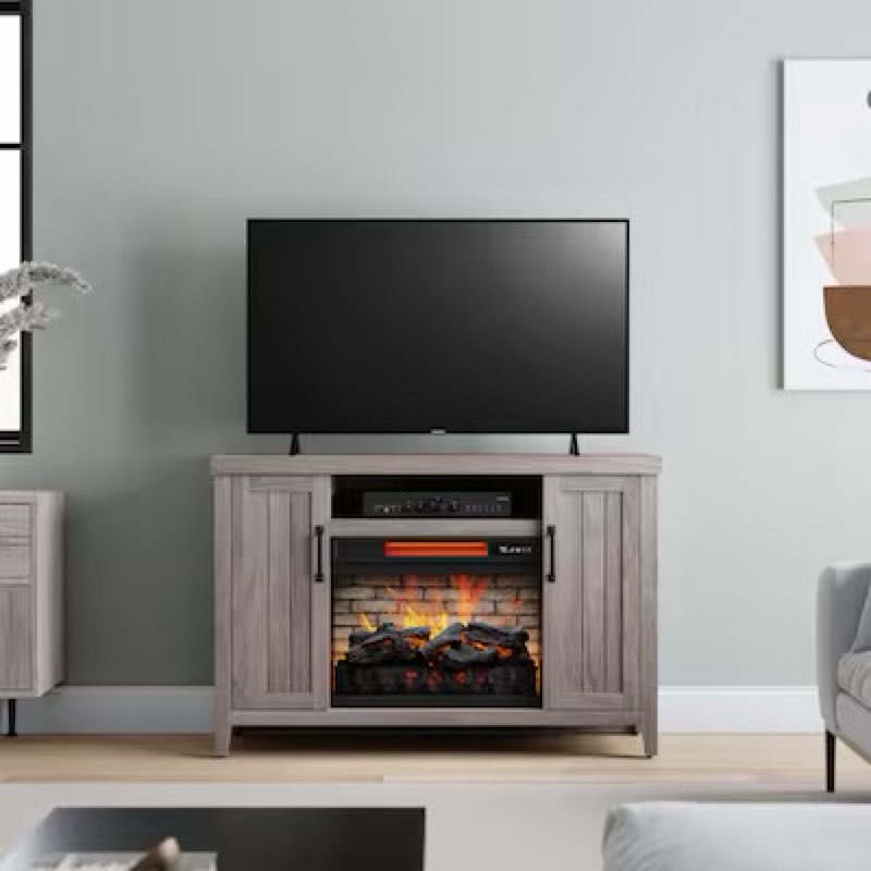 Style Selections 48-in W Iron Oak Free standing Infrared quartz Flat Wall Electric Fireplace with