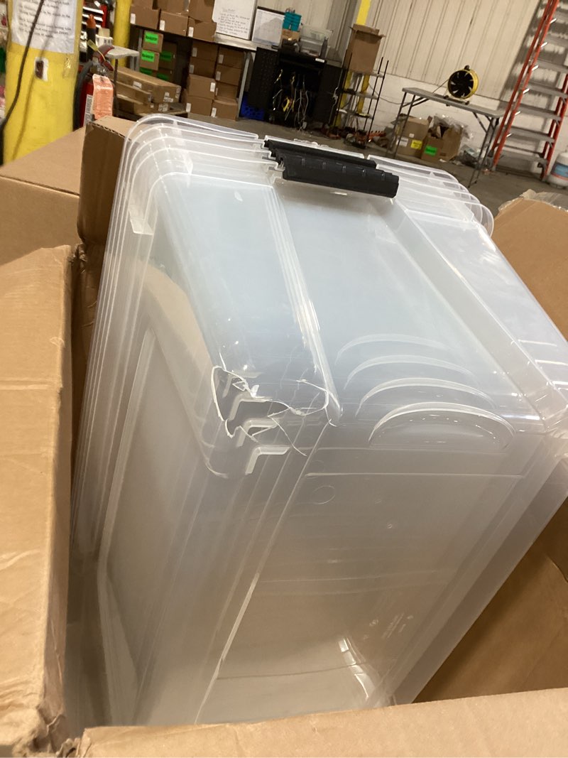 Condition photo showing As Is for zopnny 40 quart clear latching box with wheels, plastic storage containers with lids, 4 pack