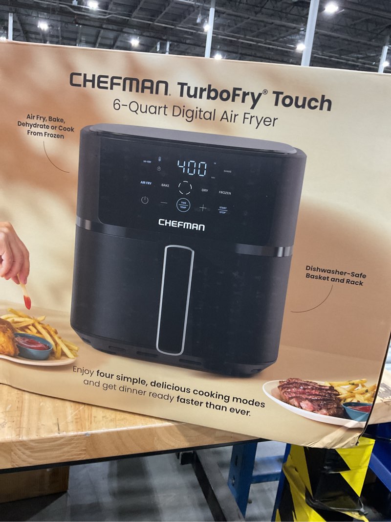 Condition photo showing New/Like New for chefman air fryer – 6 qt compact airfryer for quick & easy meals in minutes, features hi-fry technology for extra crisp, touchscreen controls with 4 presets, nonstick & dishwasher safe basket - black 6 quart - no window