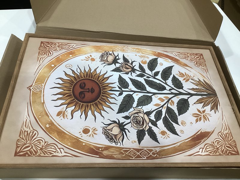 Condition photo showing As Is for vintage sun canvas wall art print poster mystical folk art flowery spiritual print botanical rose boho wall art earth tones flowery bedroom room decor aesthetics 16x24 in unframed sun art-unframed 16l" x 24w"