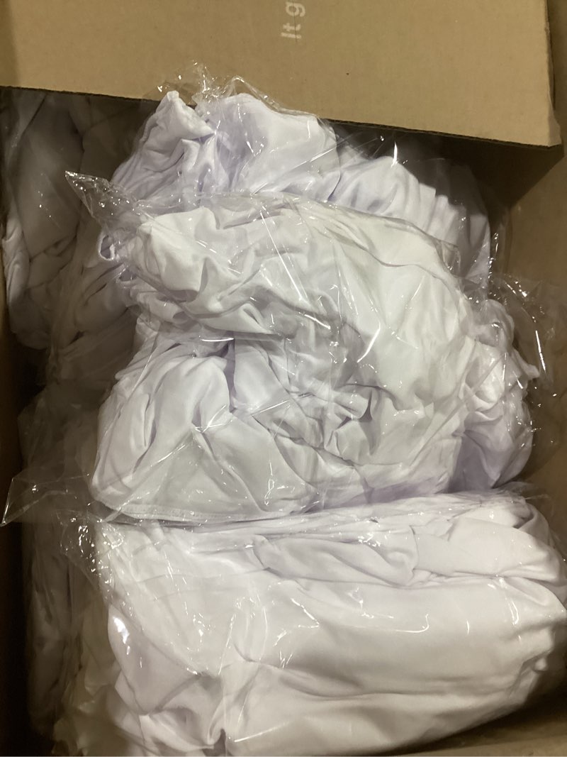 Condition photo showing As Is for 10 pack white round spandex tablecloths for 60in tables, 120 inch stretch fitted table skirts, wrinkle-free washable polyester covers for wedding, banquet & party white 10 pcs