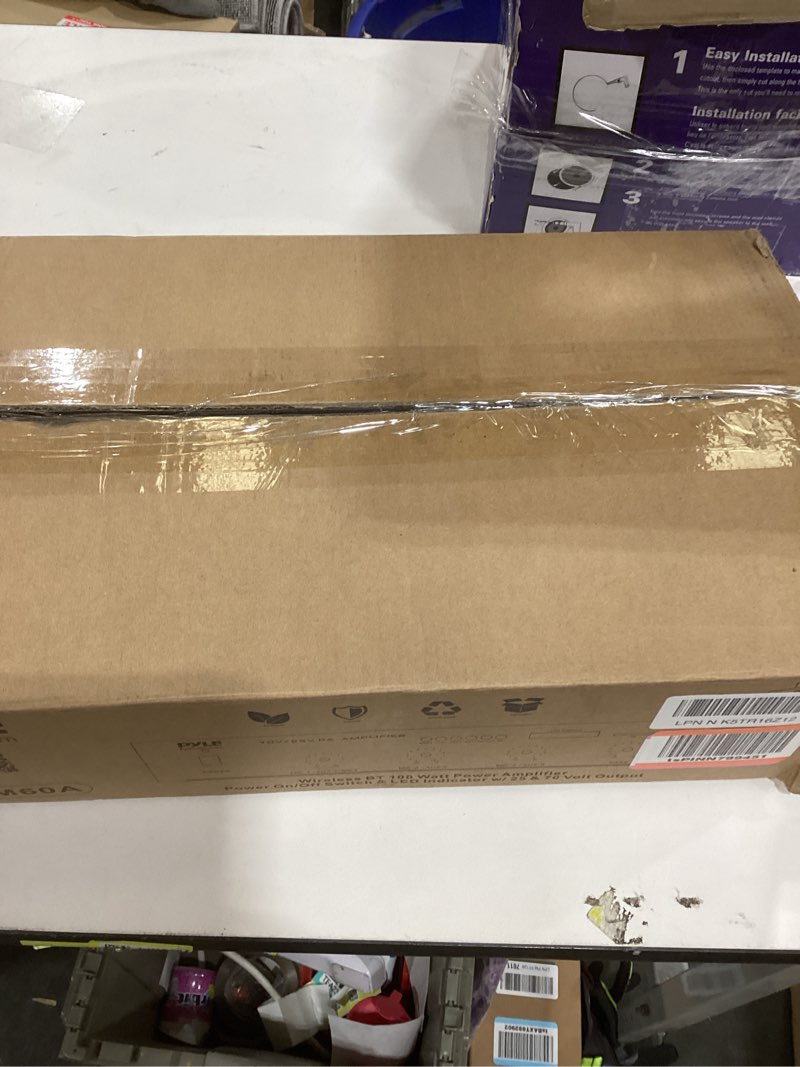 Condition photo showing As Is for Compact Mini Home Power Amplifier - 100W Smart Indoor Audio Stereo Receiver w/ RCA, 3 Microphone IN, AUX, 25/70V Outputs, LED, Input Selector, For PA, Amplified Speaker Sound System Pyle PCM60A Black 3 Mic inputs Amplifier