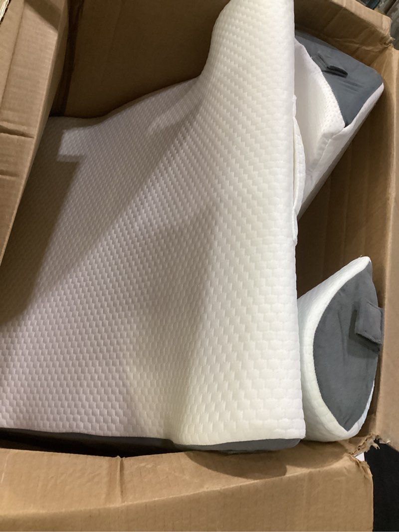 Condition photo showing As Is for wedge pillow for sleeping, 7.5\" bed wedge after surgery, back pain relief, memory foam pillow triangle incline wedge for back support, leg elevation white-blue triangle wedge 24 x 24 x 7.5 inch, similar to stock photo, two included