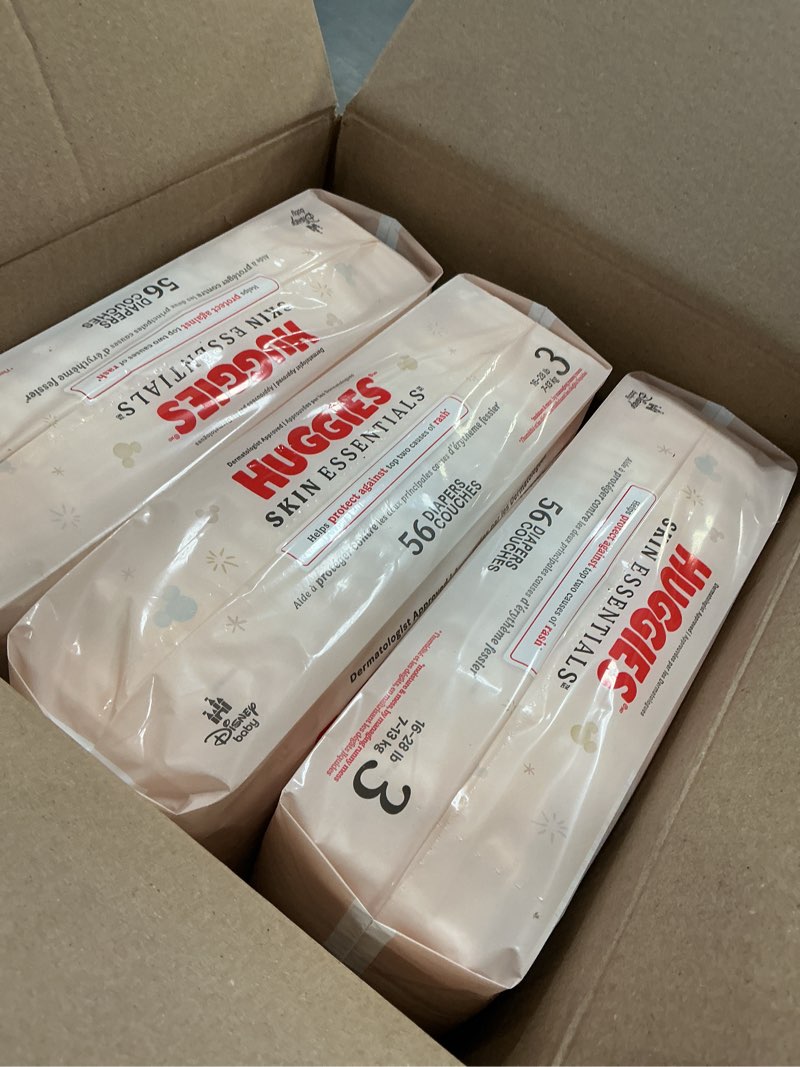 Condition photo showing New/Like New for Huggies Size 3 Diapers, Skin Essentials Baby Diapers, Size 3 (16-28 lbs), 168 Count (3 Packs of 56), Packaging May Vary Size 3 168