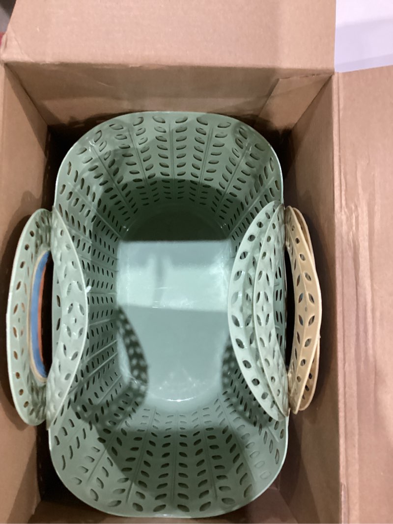 Condition photo showing As Is for Nuogo 10 Pack Plastic Basket with Handles Multicolor Oval Carry Totes Potable Multipurpose Reusable Toiletry Storage Organizer Basket for Home Bathroom Dorm Communal Showers School