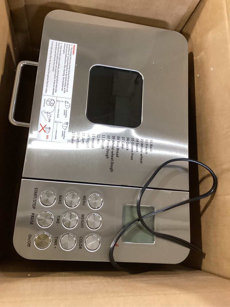 Condition photo showing As Is for 2lb bread maker machine, osipoto 17 in 1 automatic stainless steel bread machine, non-stick, beginner-friendly controls, 15 hour timer, easy to clean low noise, high success rate for homemade bread 15.35?*12.01?*13.78?