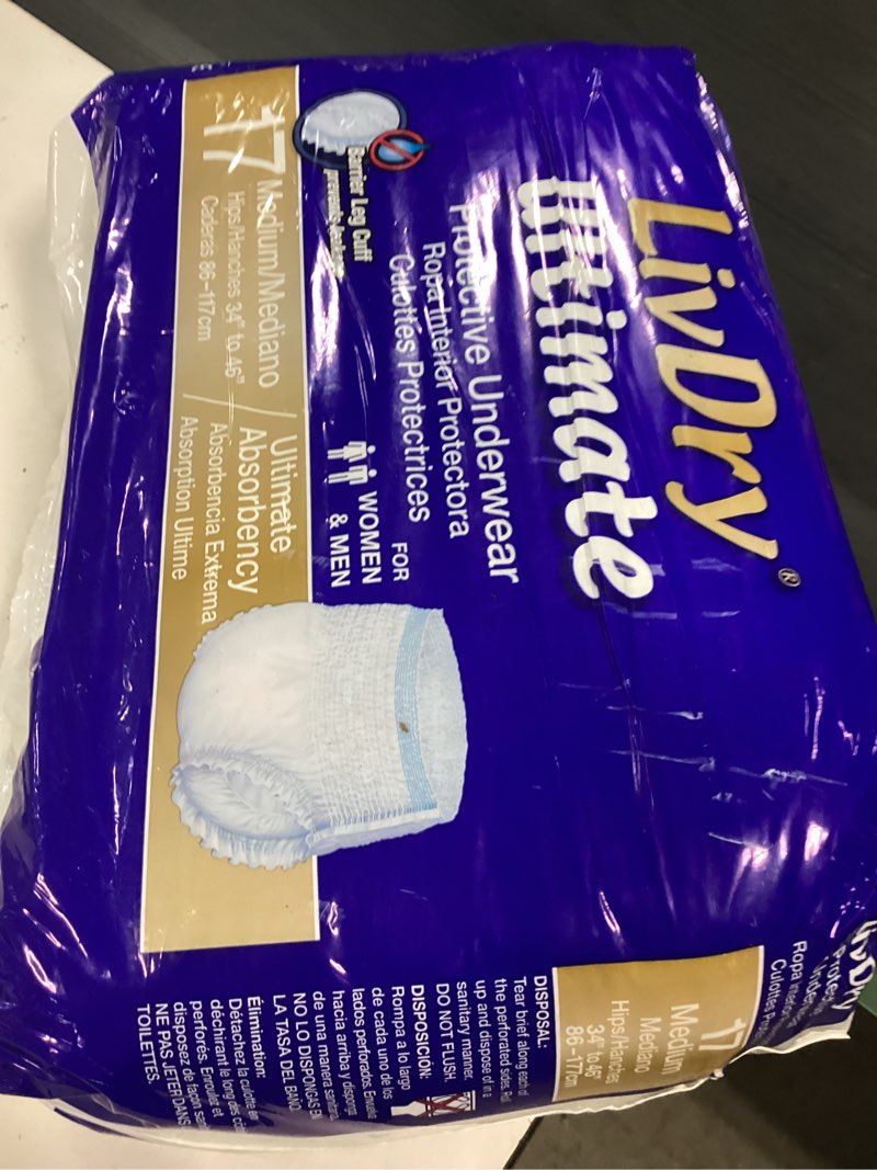 Condition photo showing New/Like New for livdry ultimate adult diapers for women and men, max absorbency incontinence underwear (medium, 17-pack)
