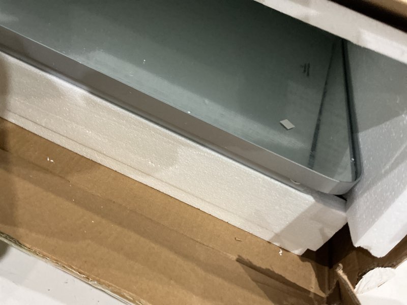 Condition photo showing As Is for 28x20 inch matte silver medicine cabinet with mirror for bathroom, aluminum medicine cabinet with frosted finish, recessed or wall mount medicine chest, modern sleek design, fully assembled matte silver 20"x28"
