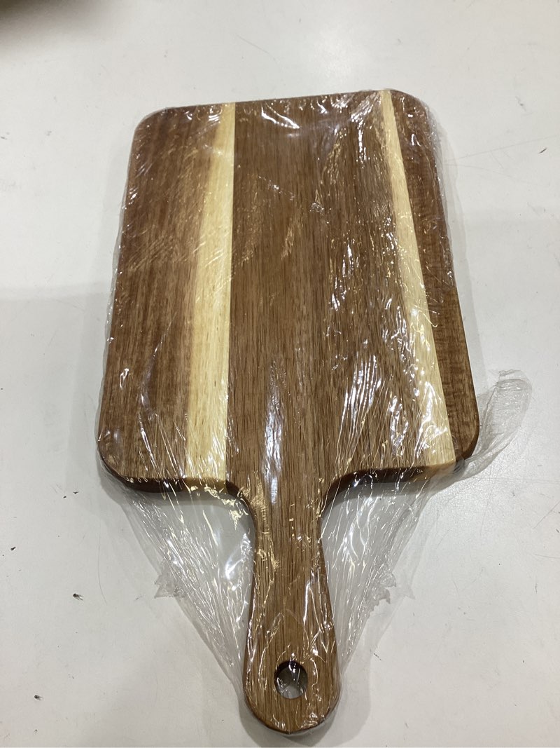 Condition photo showing New/Like New for acacia wood cutting board with handle - 14 x 7in, wooden chopping board for meat, cheese, bread, fruits & vegetables – ideal charcuterie & serving board, durable butcher block 13.8"l x 7.1"w