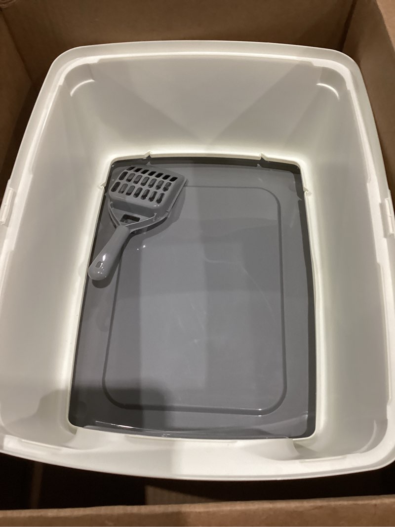 Condition photo showing Good Condition for amazon basics large cat litter box with high sides, open top for easy access, includes scoop with storage, 19" x 15" x 11.75", grey/beige grey/beige open top