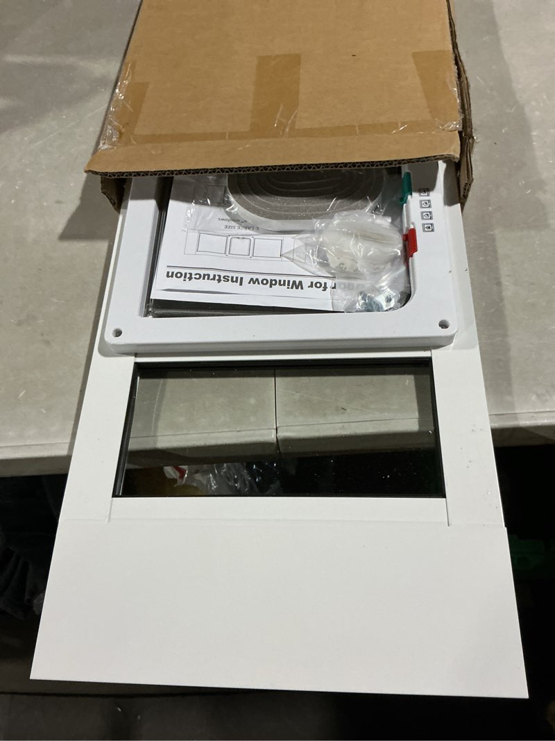 Condition photo showing As Is for aluminum cat door for windows - adjustable to fit window width 24"-28", quick-fit cat door window insert, magnetic suction design, perfect for cats white tall fit 24"-28" window