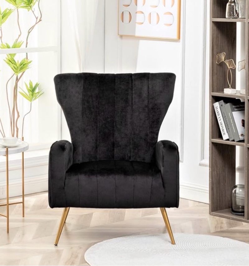 Container Furniture Direct Modern Velvet Accent Chair, Channel Tufted Bedroom, Office or Living Room Furniture with Elegant Metal Legs, 26" Wide Armchair, Black