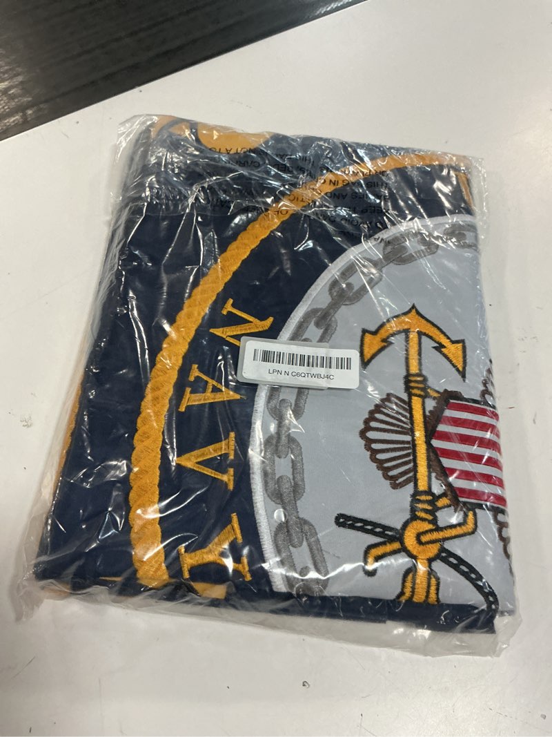 Condition photo showing New/Like New for embroidered navy emblem flag double sided 3x5 outdoor- 300d heavy duty nylon- military 3x5 navy outdoor banner flag- brass grommets & 4 rows stitched embroidered 3x5