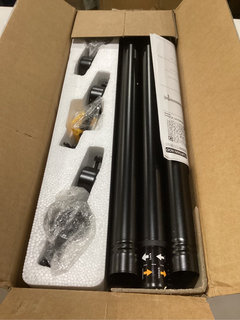 Condition photo showing New/Like New for yafex curtain rods 32-144 inch, heavy duty 1 inch adjustable curtain rod for windows, black extra long window treatment rods, modern design, easy installation 32" to 144" black