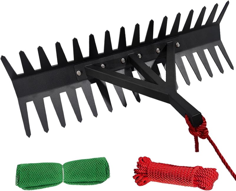 pond rake, steel blades aquatic weed rake, lake pond weed cutter, lake weed rake for pond beach landscaping, lake weed rake with 30ft thicker rope