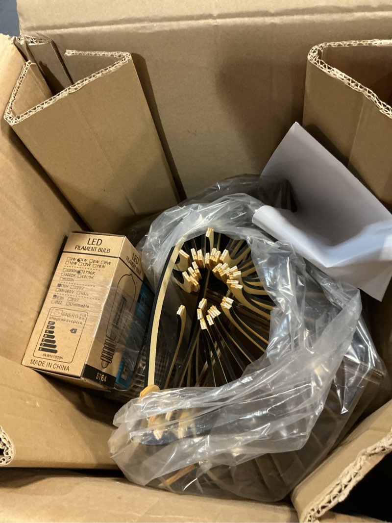 Condition photo showing As Is for Wood Pendant Light, E26 Base Hanging Lamp Indoor, Natural Wooden Hand Made Chandelier, Boho Height Adjustable Dining Table Hanging Lamp for Hotel Bar Café Kitchen Island Hallway Entryway Black-35CMx45CM