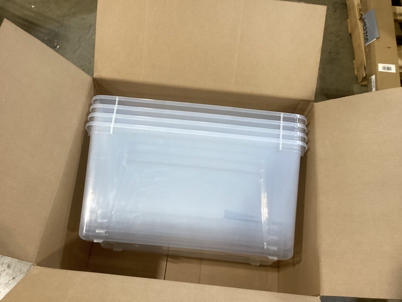 Condition photo showing As Is for iris usa 72 qt plastic storage box with lid and latches - 4 pack - bpa-free, see-through organizing solution, durable nestable stackable containers, secure pull handle - clear clear 72 qt 4 pack