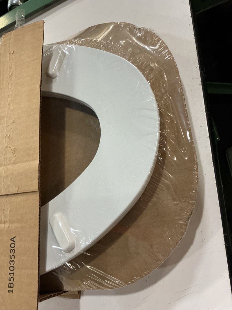 Condition photo showing New/Like New for mayfair padded toilet seat, cushioned soft vinyl over wood core seat, secure hinges, easy clean, made in usa, elongated, white elongated white toilet seat