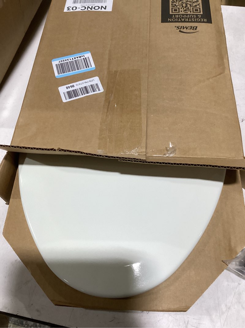 Condition photo showing As Is for bemis 1500ec durable wood toilet seat with easy clean hinges, made in usa, elongated, biscuit biscuit elongated