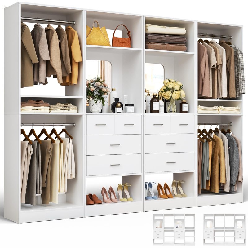 unikito 100" closet system with drawers, 8.3ft wood closet organizer with hanging rods and mirror design, reversible large walk in wardrobe garment rack with shelves, sturdy closet tower, white