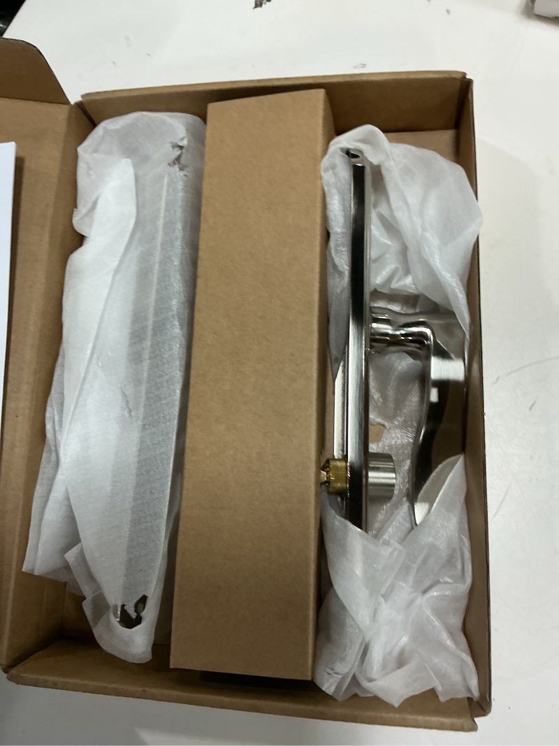 Condition photo showing Good Condition for flat slot storm door handle complete set, mortise keyed lever mount latch with deadbolt for screen and storm doors, polished nickel handle set polished nicke