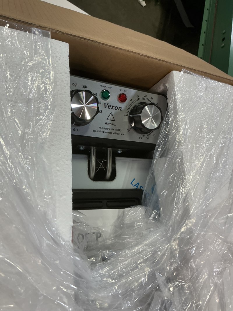 Condition photo showing As Is for vexon 1800w deep fryer with 5l oil capacity, stainless steel electric fryer with removable basket, adjustable temperature control, countertop design for home kitchen frying