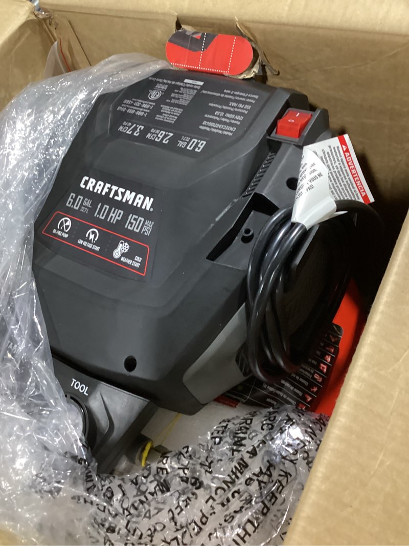 Condition photo showing As Is for craftsman 6-gallon portable electric 150 psi pancake air compressor