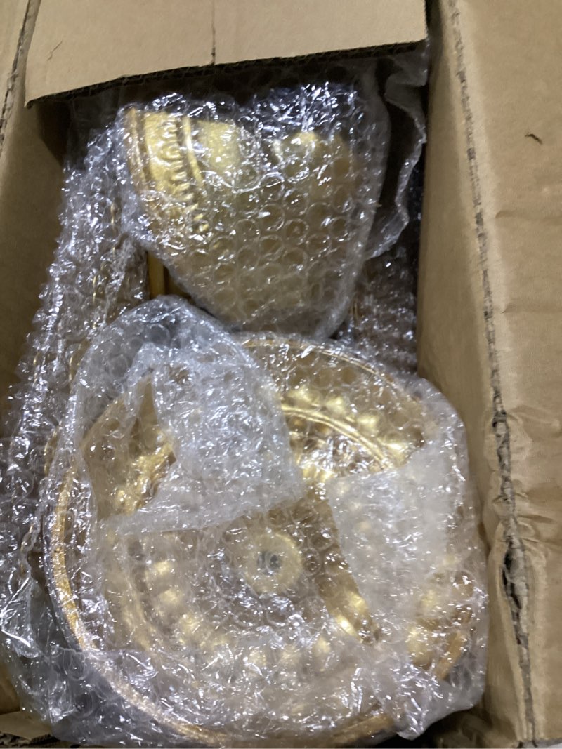 Condition photo showing Good Condition for gold cake stand set, 5 pcs metal round cupcak stand cookies dessert display plate serving tower tray platter with handle for baby shower wedding birthday party celebration (gold, 5 size) gold 5 size