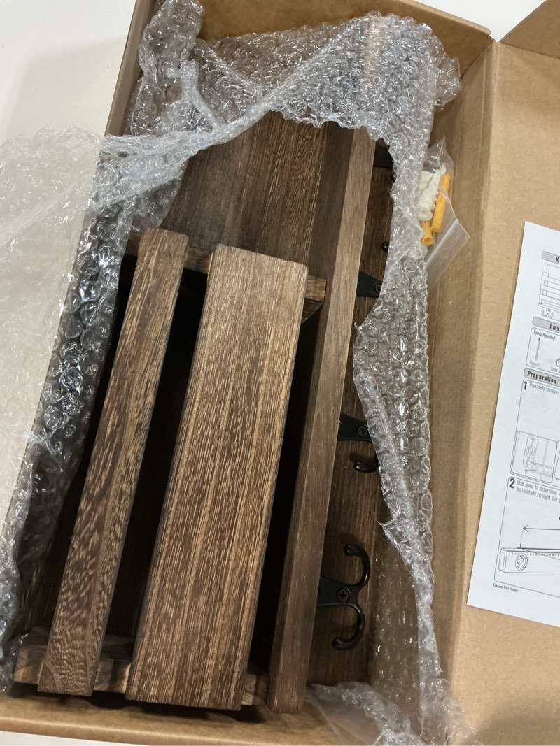 Condition photo showing Good Condition for Key and Mail Holder for Wall Decorative - Rustic Mail Organizer Wall Mount, Wooden Letter Sorter Organizer with 4 Key Rack Hooks for Hallway Kitchen Farmhouse Decor (Brown) A - Brown