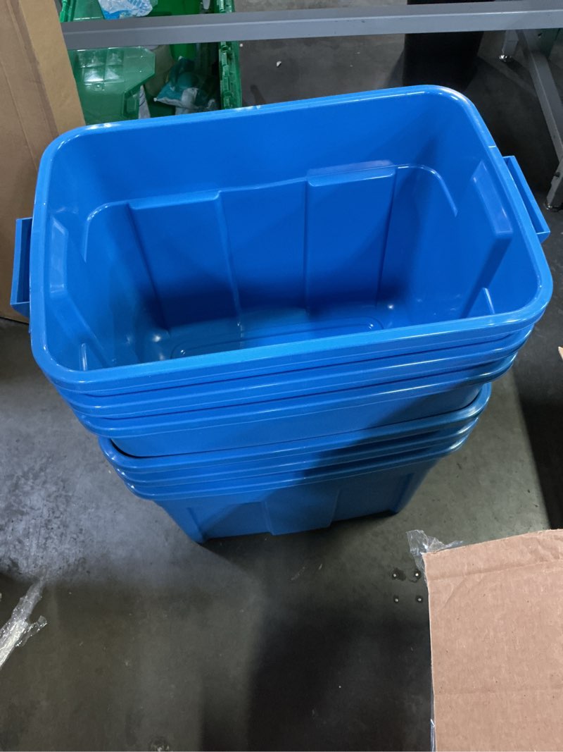 Condition photo showing Good Condition for rubbermaid roughneck tote 18 gal, 6 pack, made in usa, heritage blue, rugged plastic stackable storage bins with lids and handles 18 gal - 6 pack