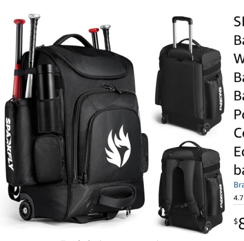 sparkfly rolling baseball bag, wheeled with hidden backpack straps, 4 bat sleeves, 2 drink pockets, shoe compartment durable equipment softball bag