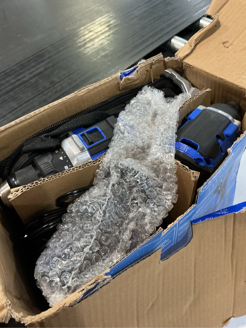 Condition photo showing As Is for kobalt 24-volt 2-tool brushless power tool combo kit with soft case (1-battery included and charger included)