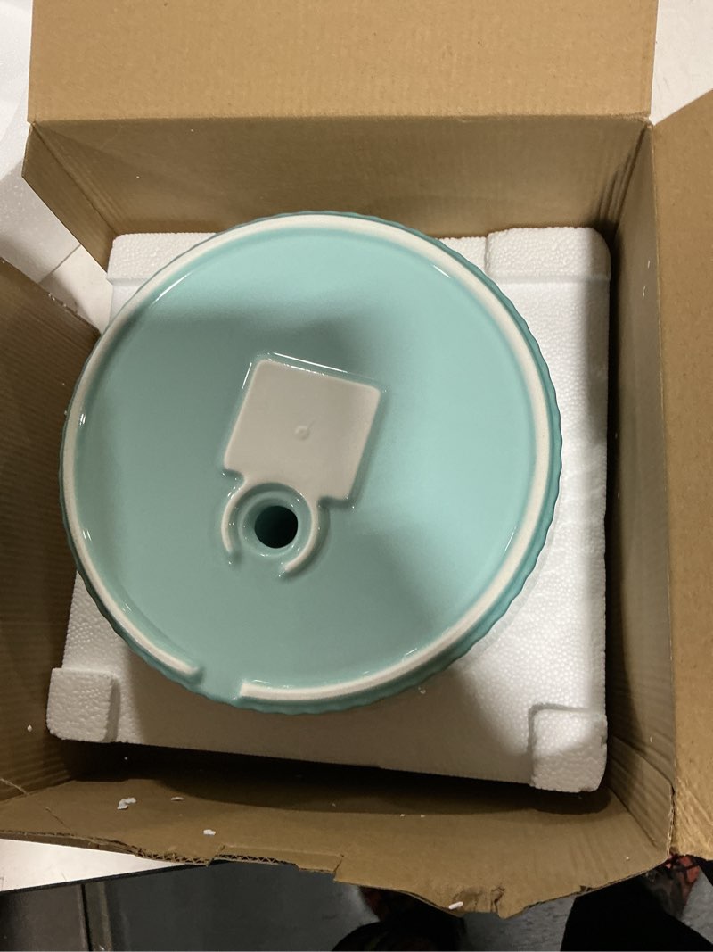Condition photo showing As Is for lawfery ceramic cat water fountain, 2.1l/71oz cat fountain with 3 carbon filters and 2 quiet pumps, cupcake pet water dispenser for cats and dogs (light blue)