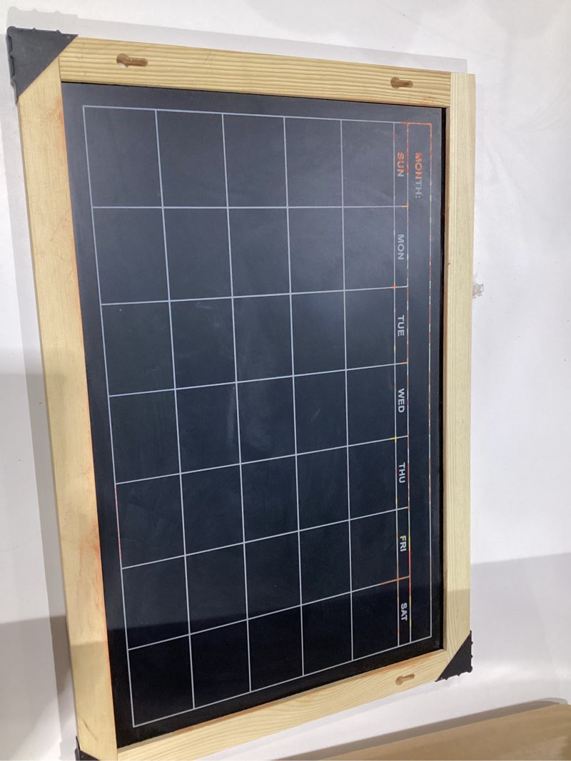 Condition photo showing As Is for 2-in-1 Double-Sided Magnetic Chalkboard 24\"x16\", Chalk Calendar Board & Large Blackboard for Kitchen & Home Decor, Schedule, Menu, Back-to-School Gift - Hanging Chalk Board with 2 Liquid Pens, Wood Wood 24\"x16\" USED, MISSING PARTS