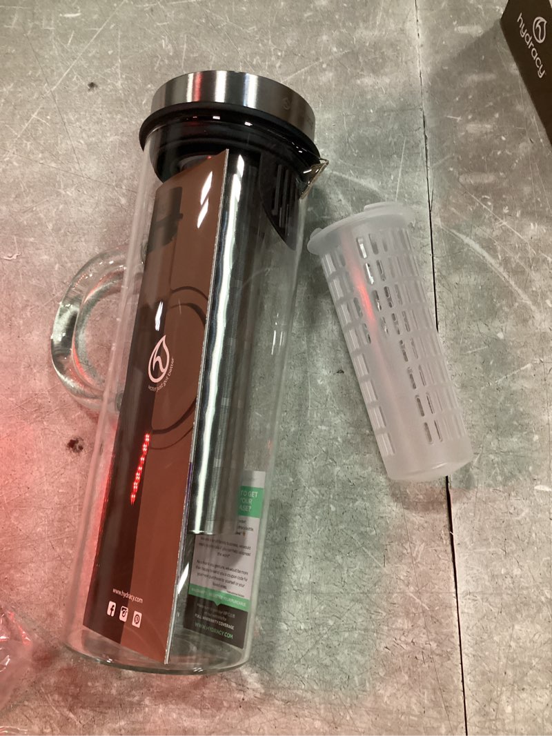 Condition photo showing As Is for cold brew coffee maker - large glass infusion pitcher 1.6 quarts 52oz - iced coffee & iced tea pitcher with stainless steel lid & fruit infusion tube - perfect for home or office