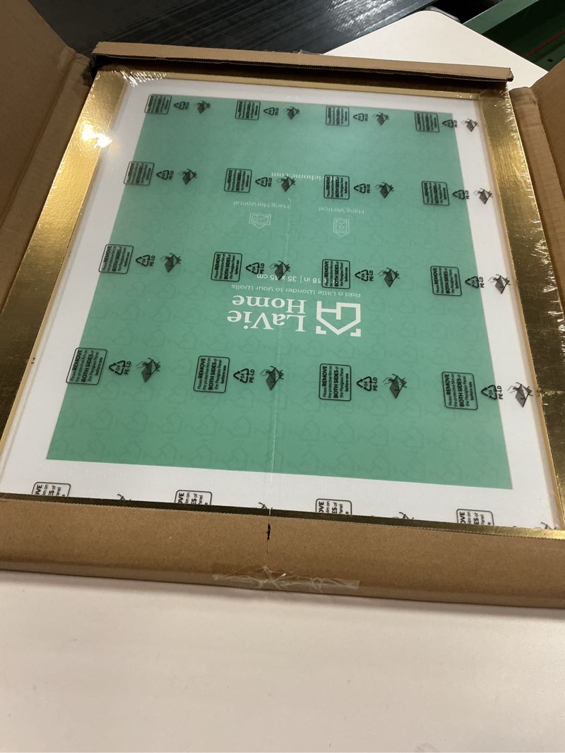 Condition photo showing New/Like New for LaVie Home 14x18 Picture Frame Gold Poster Frame,Display Pictures 12x16 with Mat or 14x18 Without Mat, Stable and Sturdy Frame and Polished Plexiglass, Horizontal and Vertical Format of The Walls 14x18 Gold