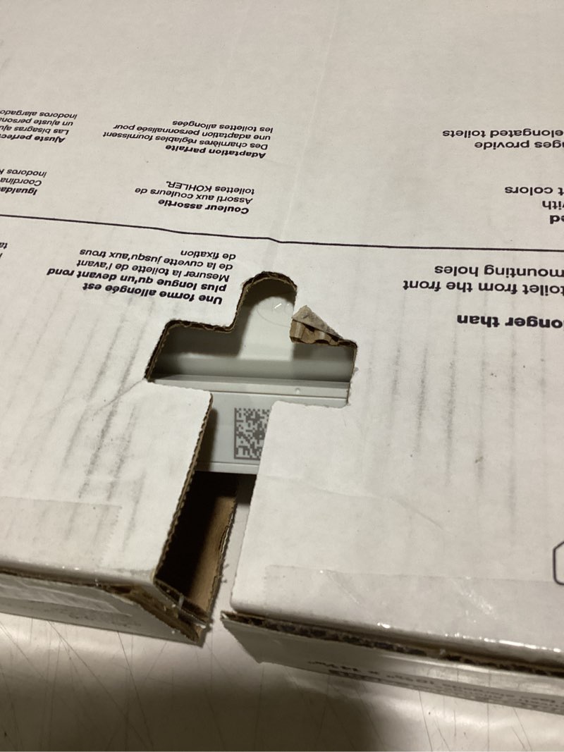 Condition photo showing As Is for Kohler K-20110-0 Brevia Elongated Toilet Seat with Grip-Tight Bumpers, Quiet-Close Seat, Quick-Attach Hardware, White
