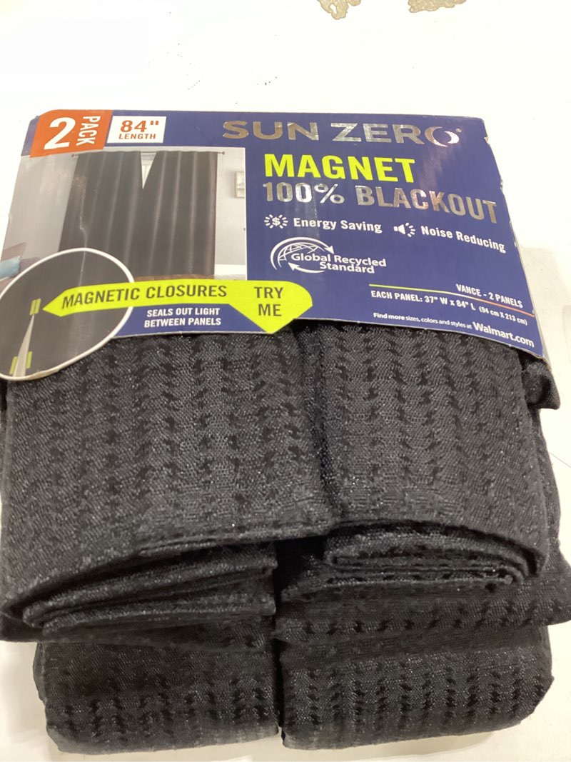 Condition photo showing Good Condition for sun zero vance 2-piece magnetic closure 100% blackout back tab curtain panel pair, 37"x84", black