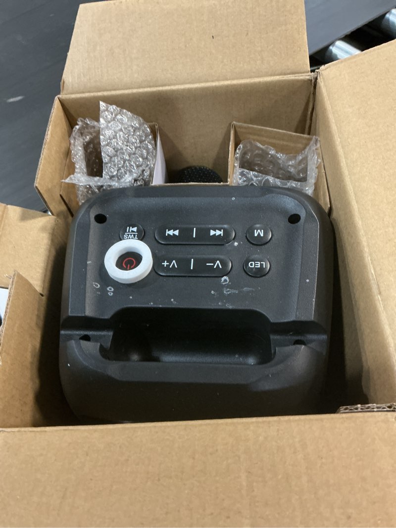Condition photo showing As Is for pwbslai bluetooth speaker with 2 rechargeable wireless microphone - portable party speaker with colorful lights - floorstanding speakers support tws/aux/usb/tf card ideal for party,home,camping