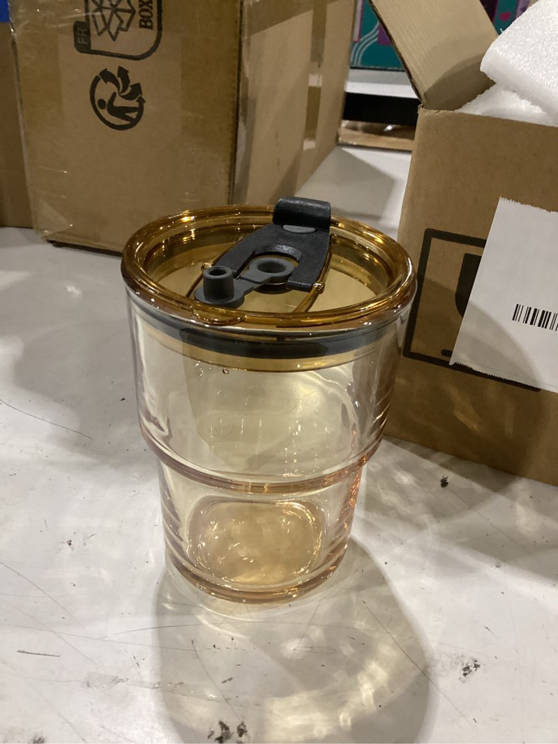 Condition photo showing Good Condition for 4 packs glass tumbler with lid and straw 13 oz cute ice coffee cup set for smoothie juice matcha tea latte cappuccino espresso hot coffe water reusable clear travel boba small drinking mug amber 4pcs
