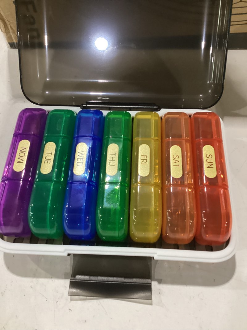 Condition photo showing Good Condition for weekly pill organizer 3x a day, 7 day pill box 3 times, portable for travel pill case for pills/vitamin/fish oil/medication/supplements (3x7 black+rainbow)