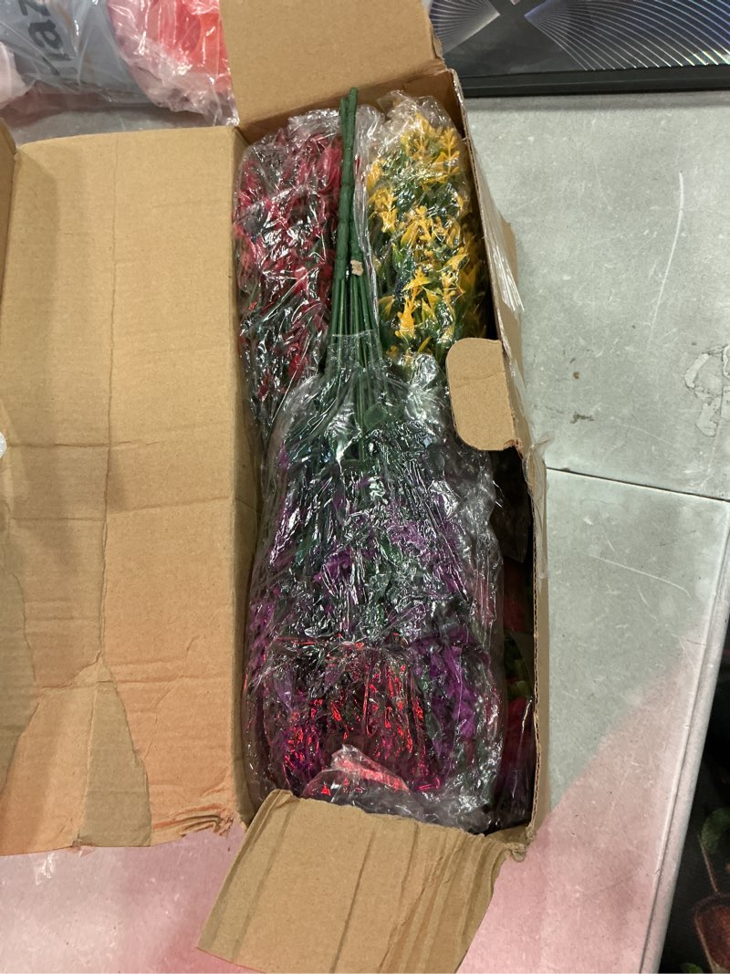 Condition photo showing Good Condition for trytuny artificial flowers for outdoor, uv resistant fake silk flowers, realistic faux plants for outside indoor porch patio window box planter home decor (20, yellow purple rosy pink red) yellow purple rosy pink red 20