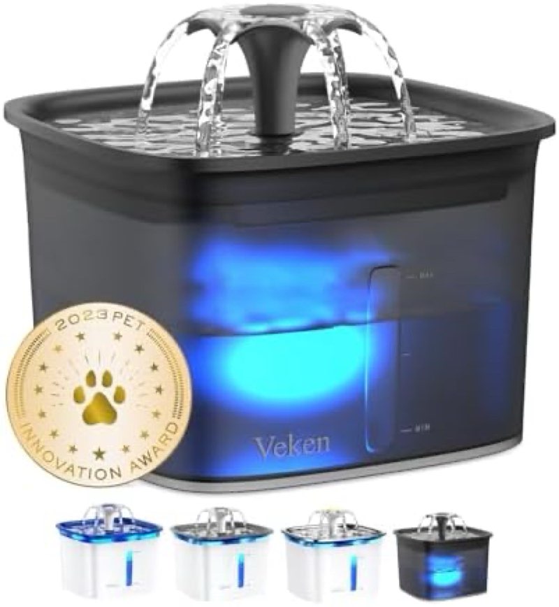veken 95oz/2.8l pet fountain, automatic cat water fountain dog water dispenser with replacement filters for cats, dogs, multiple pets (space black, plastic)