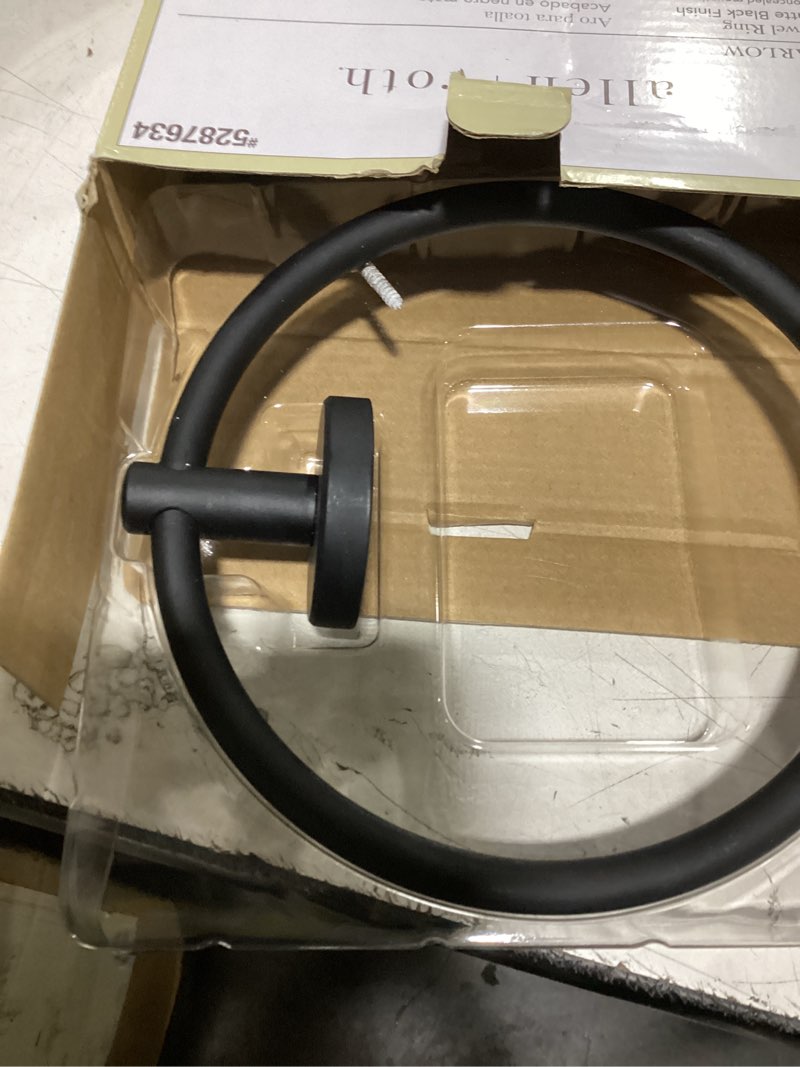 Condition photo showing As Is for allen + roth harlow matte black wall mount single towel ring