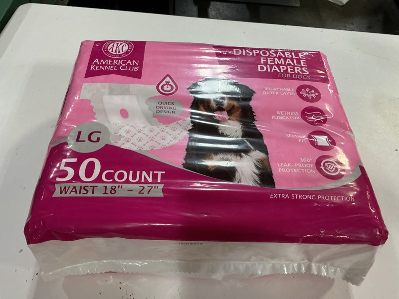 Condition photo showing New/Like New for american kennel club female dog wrap, disposable diapers with wetness indicator (l – high tail (18–27 in), 50, count) l – high tail (18–27 in) 50