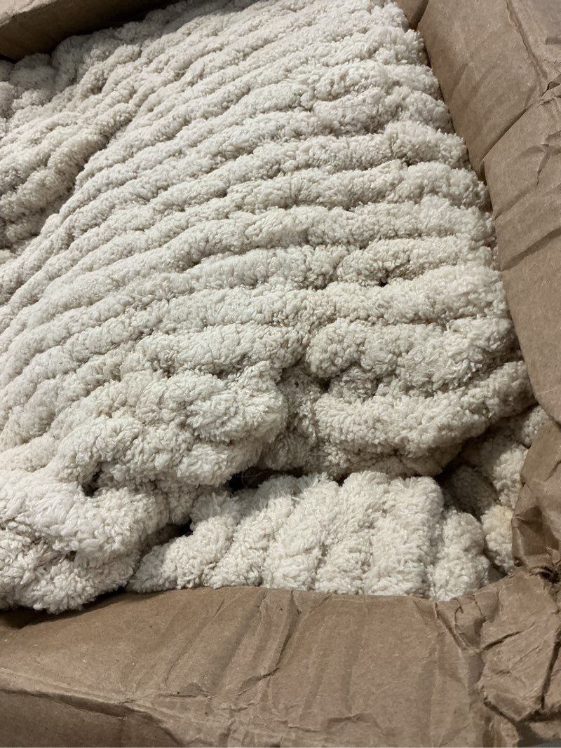 Condition photo showing As Is for carriediosa chunky knit throw blanket 60" x 80" twin, 100% hand made large chenille loop yarn soft fluffy throws for couch sofa bed, big crochet cozy heavy thick cable woven blanket, light beige light beige 60" x 80"