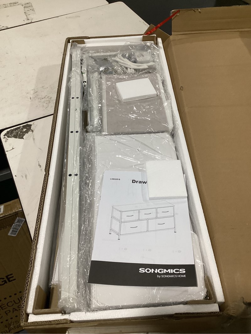 Condition photo showing New/Like New for songmics dresser for bedroom, wide dresser with 5 fabric drawers | chest of drawers with steel frame, for closet & entryway, cloud white and snow white, bellah collection ulgs322w01s cloud white + snow white 11.8"d x 38.9"w x 20.6"h (5 drawers)